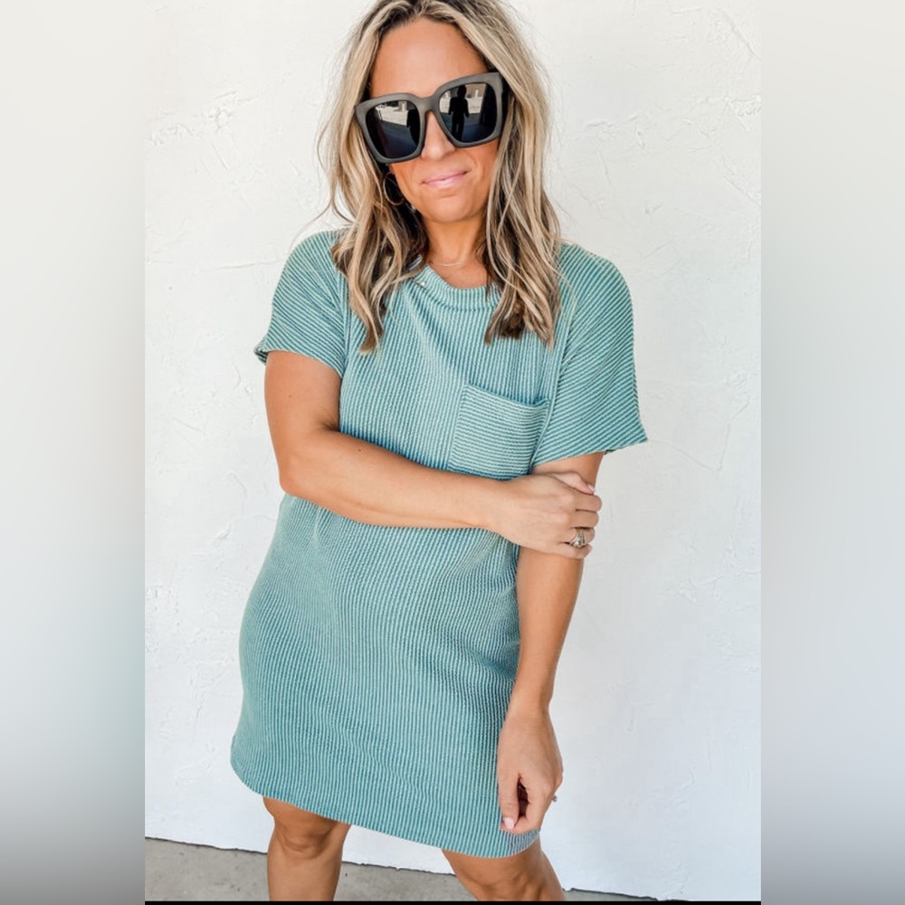 Blue Ribbed Knit Summer Short Sleeved T-Shirt Dress, Relaxed Fit, M-L-XL - Picture 7 of 10